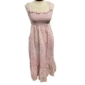 Dondolo Smocked Strawberry Linen Blend Dress Open Back Sz Medium Floral Ruffle